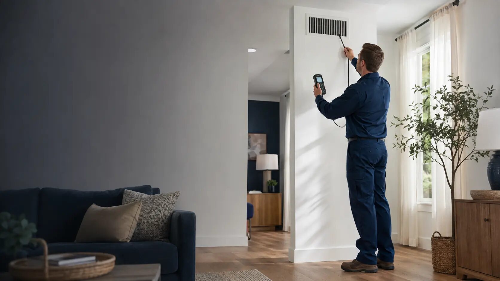 Air duct technician inspecting an HVAC supply vent in a modern home