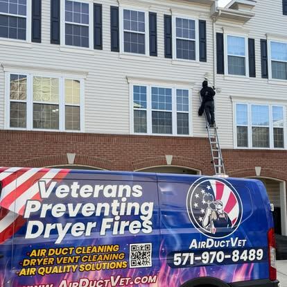 chimney sweep guide: an AirDuctVet technician using exterior ladder access beside a branded van