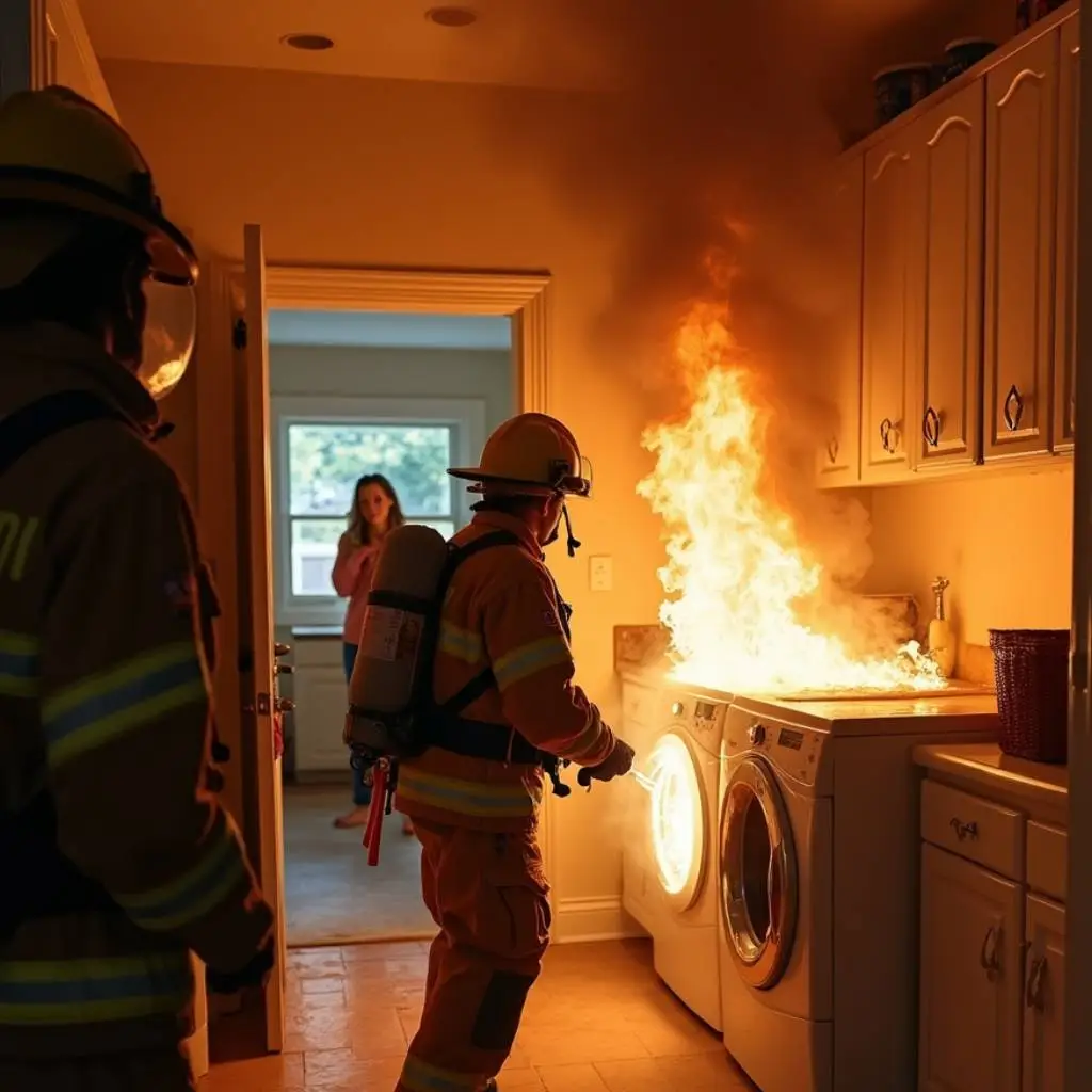 Firefighters responding to a dryer fire caused by lint buildup in a laundry room, highlighting the importance of regular dryer vent cleaning.