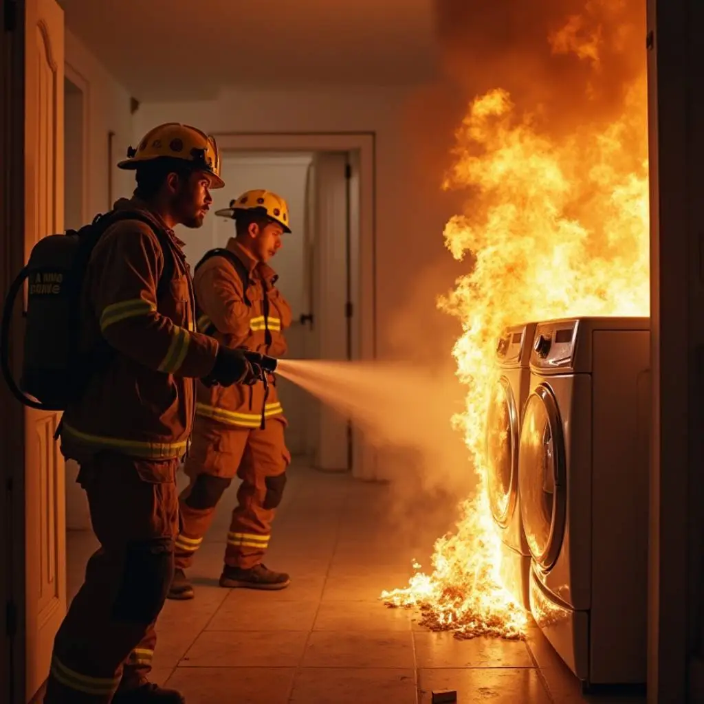 Firefighters putting out a dryer fire caused by lint buildup, emphasizing the importance of regular dryer vent cleaning.