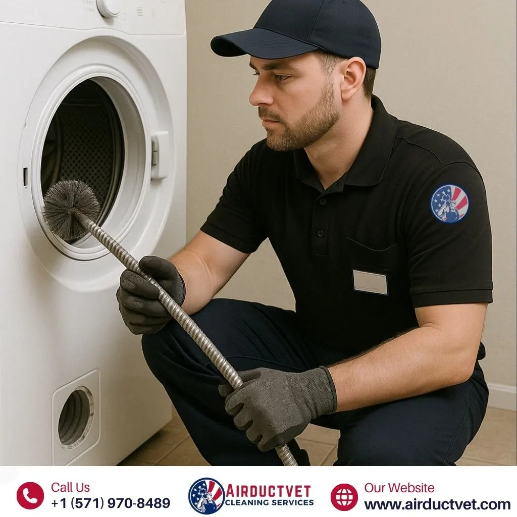Dryer Vent Cleaning Washington DC – Best 5-Star Service 4 Dryer Vent Cleaning Washington DC by AirDuctVet – Technician preparing to clean residential dryer vent system with specialized brush tool.
