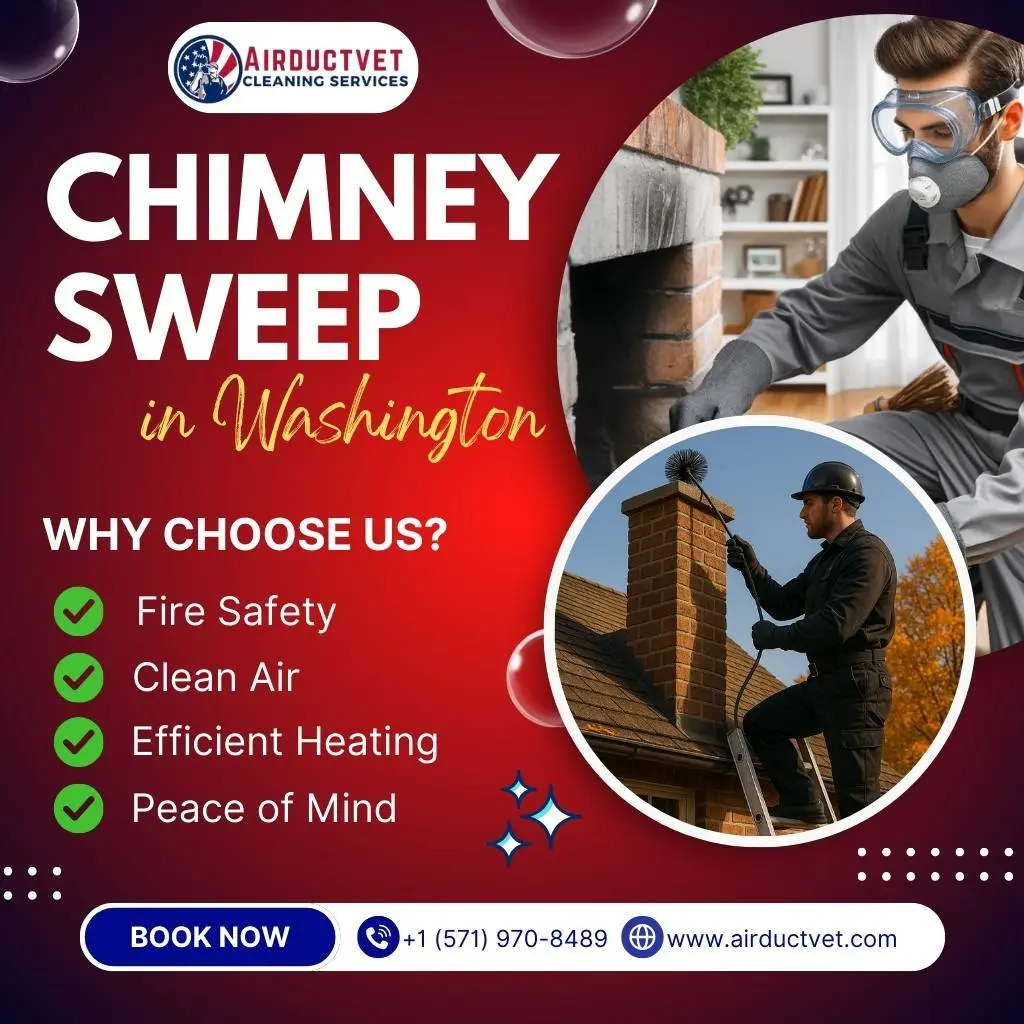 Chimney Sweep Washington DC – Best 5-Star Local Service 1 Chimney Sweep Washington DC by AirDuctVet – Technician cleaning chimney safely and professionally for fire prevention and air quality.