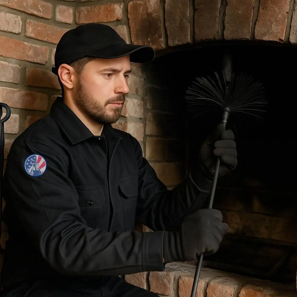Chimney Sweep Washington DC – Best 5-Star Local Service 2 Chimney Sweep Washington DC – AirDuctVet technician cleaning a residential fireplace with a chimney brush.