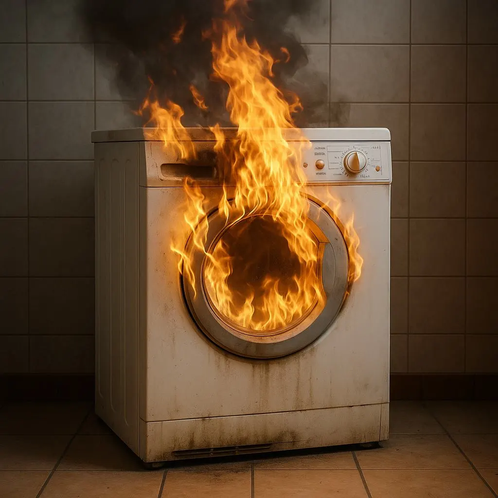 Top 5 Shocking Dryer Vent Fire Hazards You Must Avoid Today 1 Burning dryer on fire due to dryer vent blockage, representing a serious dryer vent fire hazard.