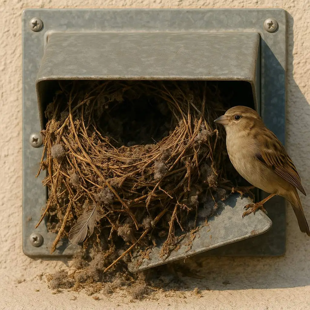 3 Critical Dangers of Bird Nest in Dryer Vent - Fix Now 35 Bird Nest in Dryer Vent with a bird perched on the vent flap, causing airflow blockage and potential fire hazards.