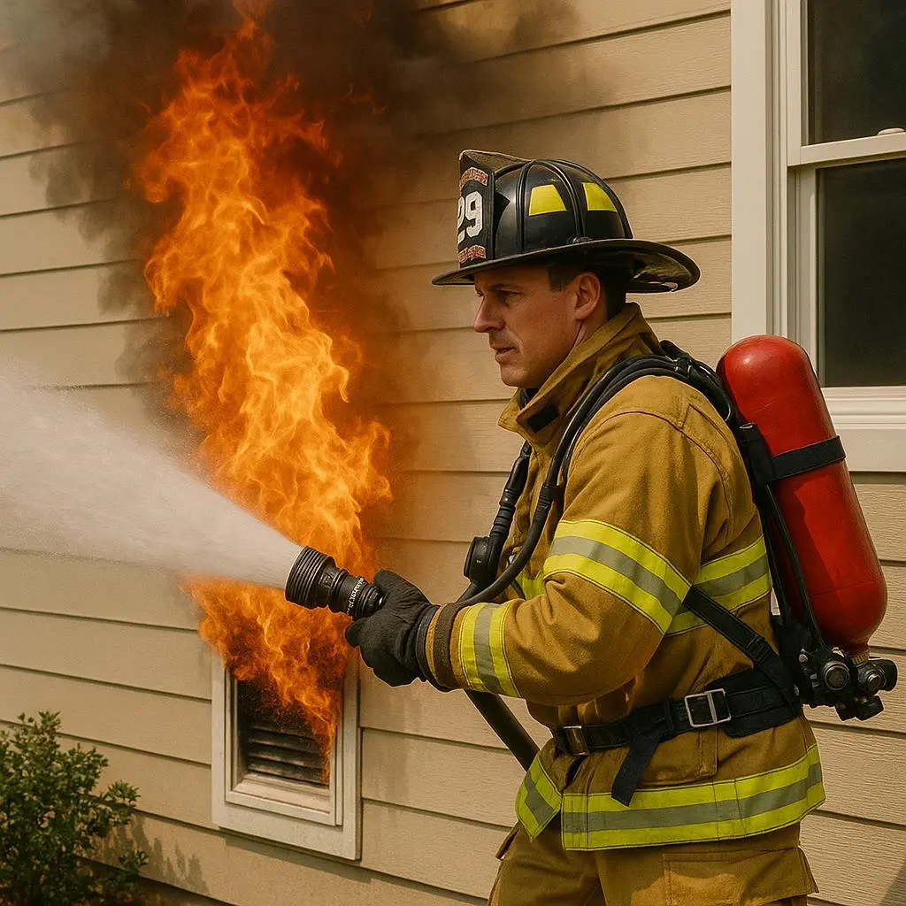 Top 5 Shocking Dryer Vent Fire Hazards You Must Avoid Today 6 Firefighter extinguishing flames caused by a dryer vent fire hazard on a residential home exterior