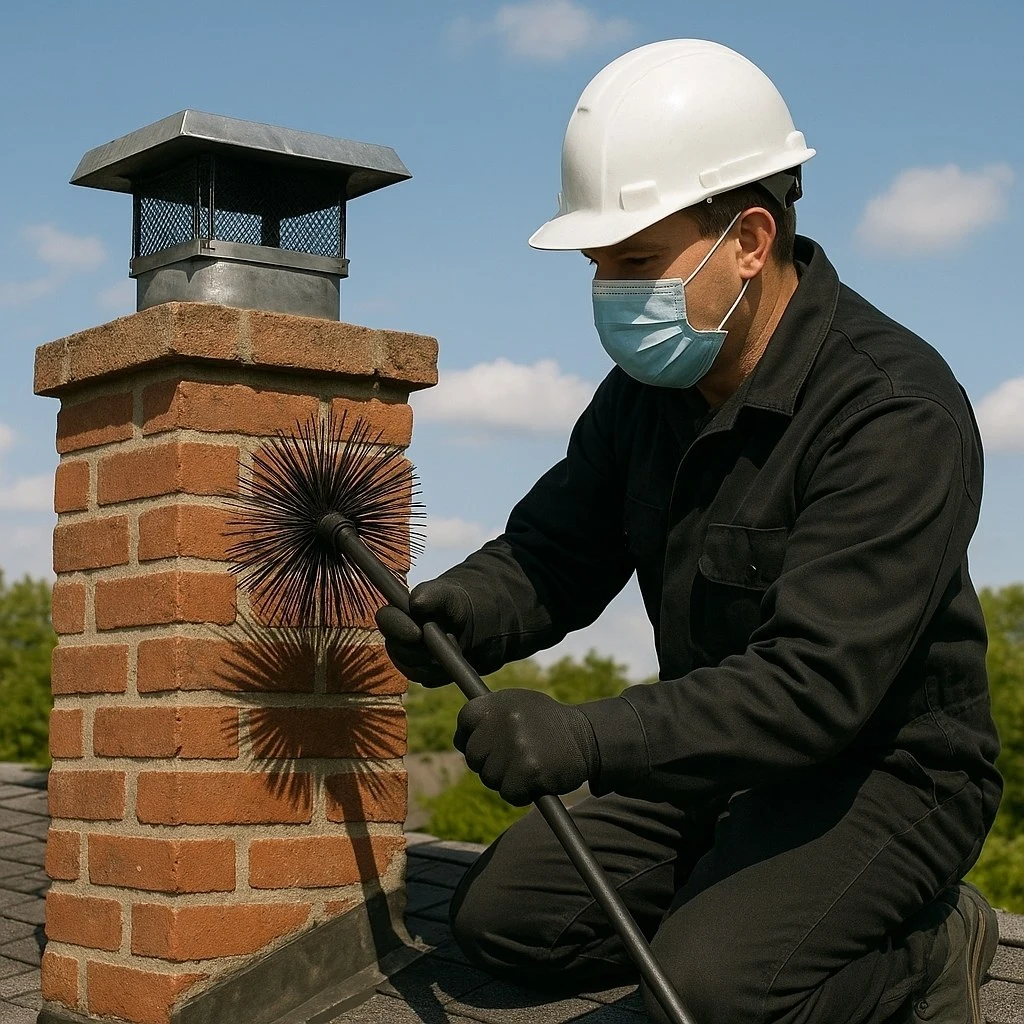 Chimney Sweep 2 Chimney Sweep Service cleaning the rooftop
