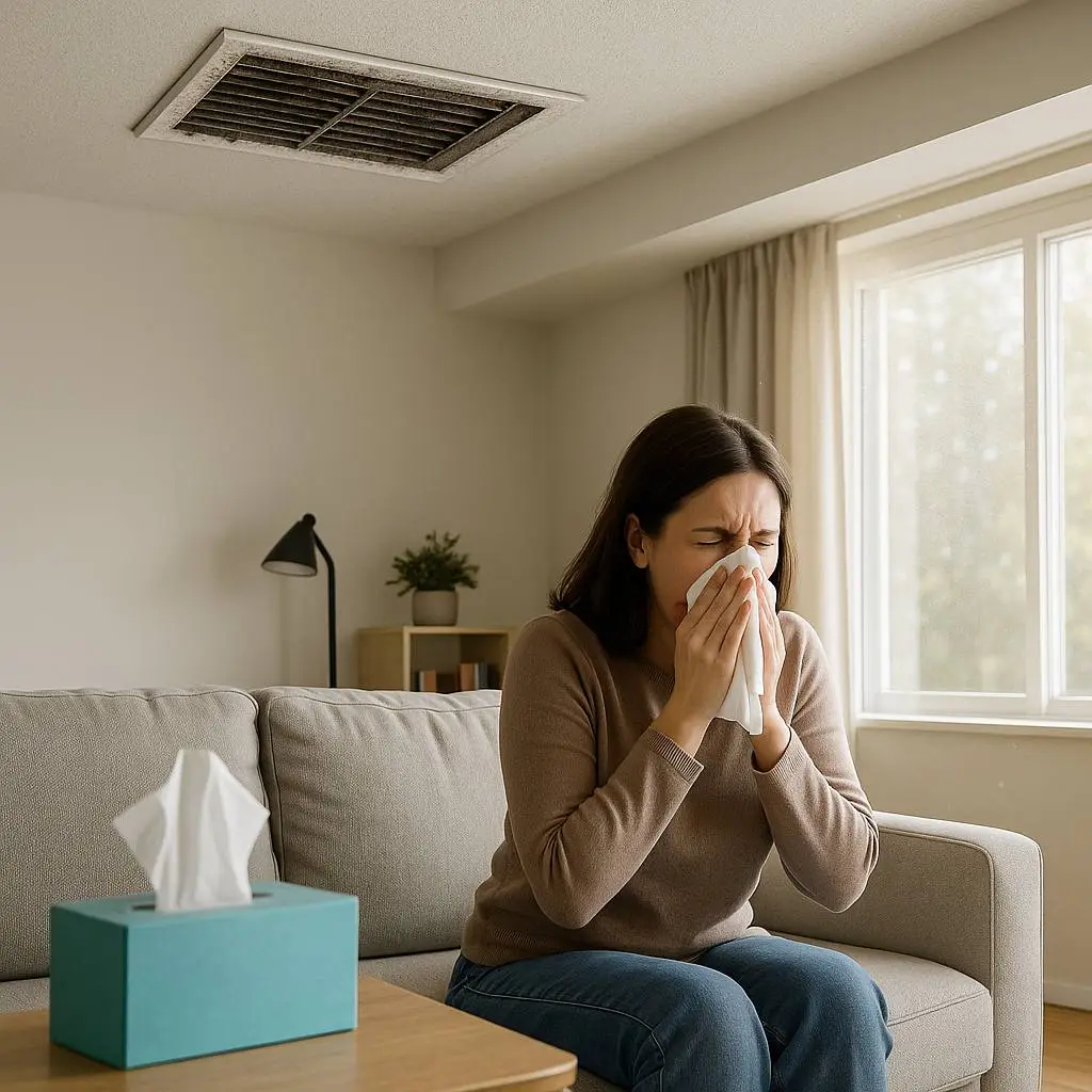 5 Alarming Signs You Need Air Duct Cleaning 2 Woman sneezing near dirty ceiling vent—clear signs you need air duct cleaning to reduce allergens.