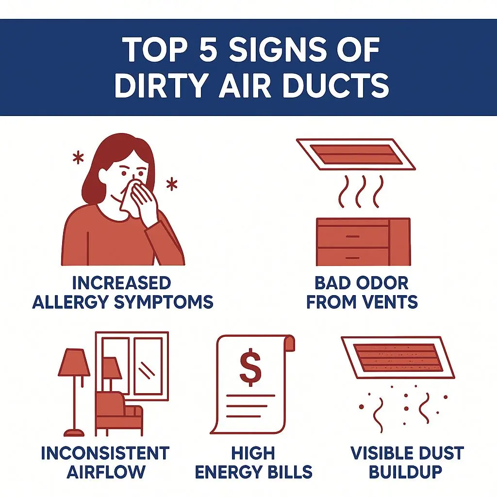 5 Alarming Signs You Need Air Duct Cleaning 3 Infographic showing top signs you need air duct cleaning—like allergy symptoms, odors, high bills, and dust buildup.