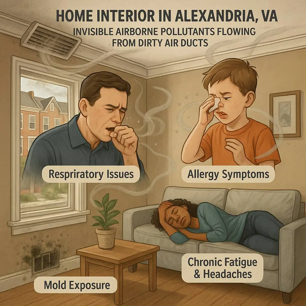 Illustration showing health issues caused by dirty air ducts in Alexandria, including allergy symptoms, mold exposure, and respiratory problems.