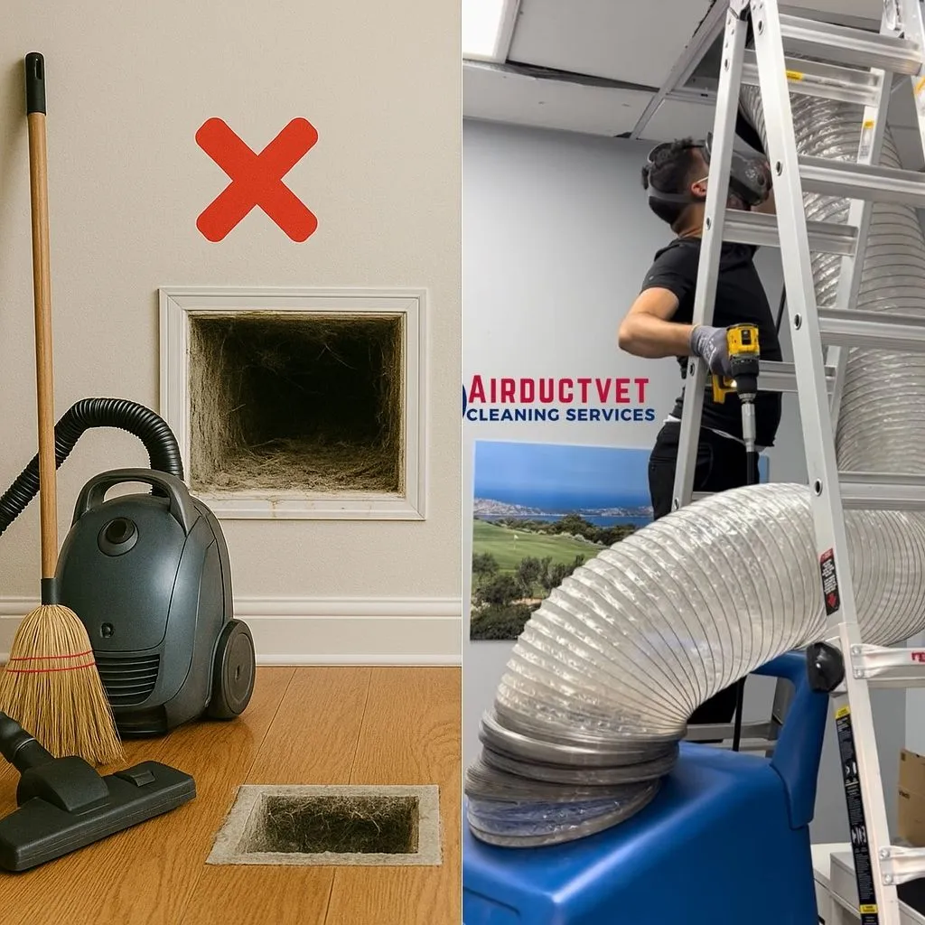 Split image showing DIY duct cleaning tools vs. professional service—debunking duct cleaning myths in Alexandria VA