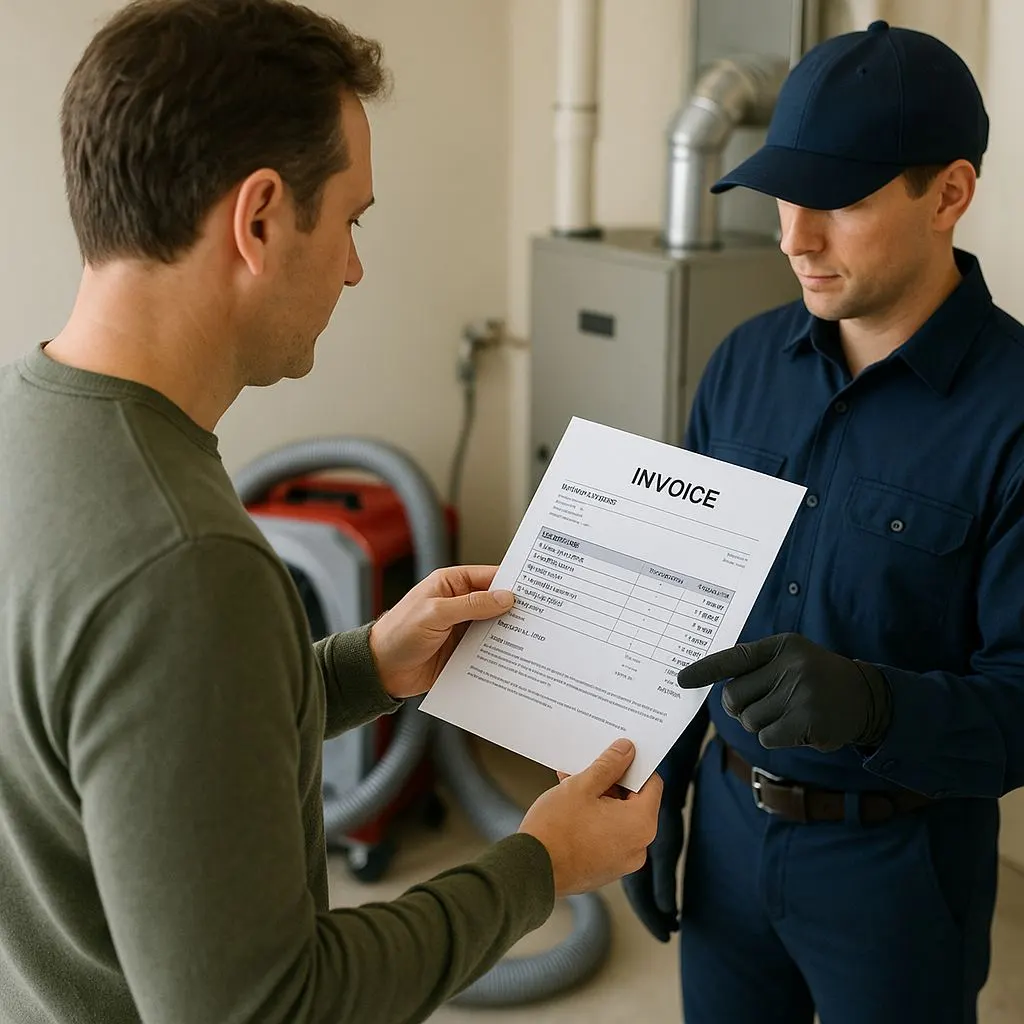 Technician explaining a detailed invoice to a homeowner—duct cleaning cost in Alexandria VA