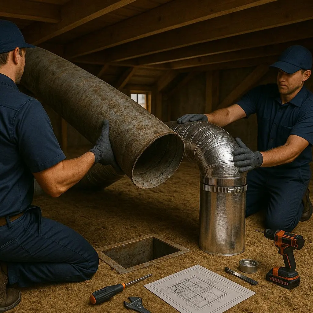 Technicians replacing rusted air duct with new metal ductwork – Duct Cleaning vs Replacement in Alexandria VA