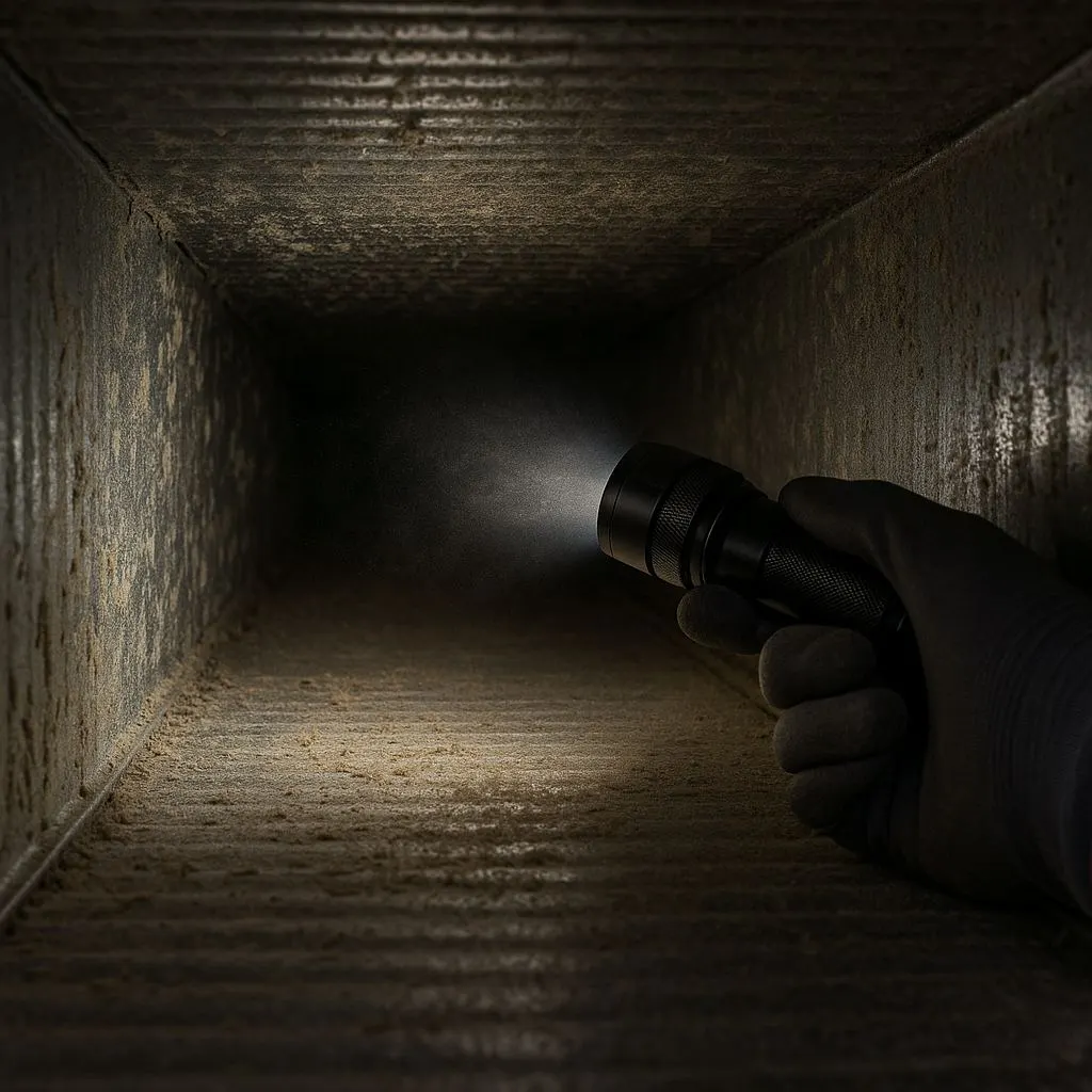 Gloved hand holding a flashlight inside a dusty air duct, inspecting residue left behind—shows the need to compare negative air vs brush cleaning in Alexandria VA.