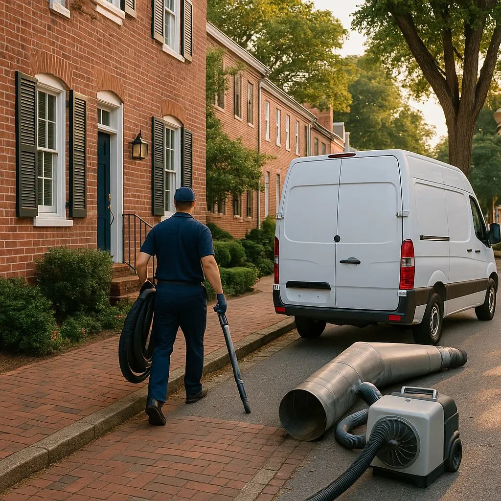 Technician walking toward a townhouse with equipment during a real case study duct cleaning in Alexandria VA, preparing for negative air setup.
