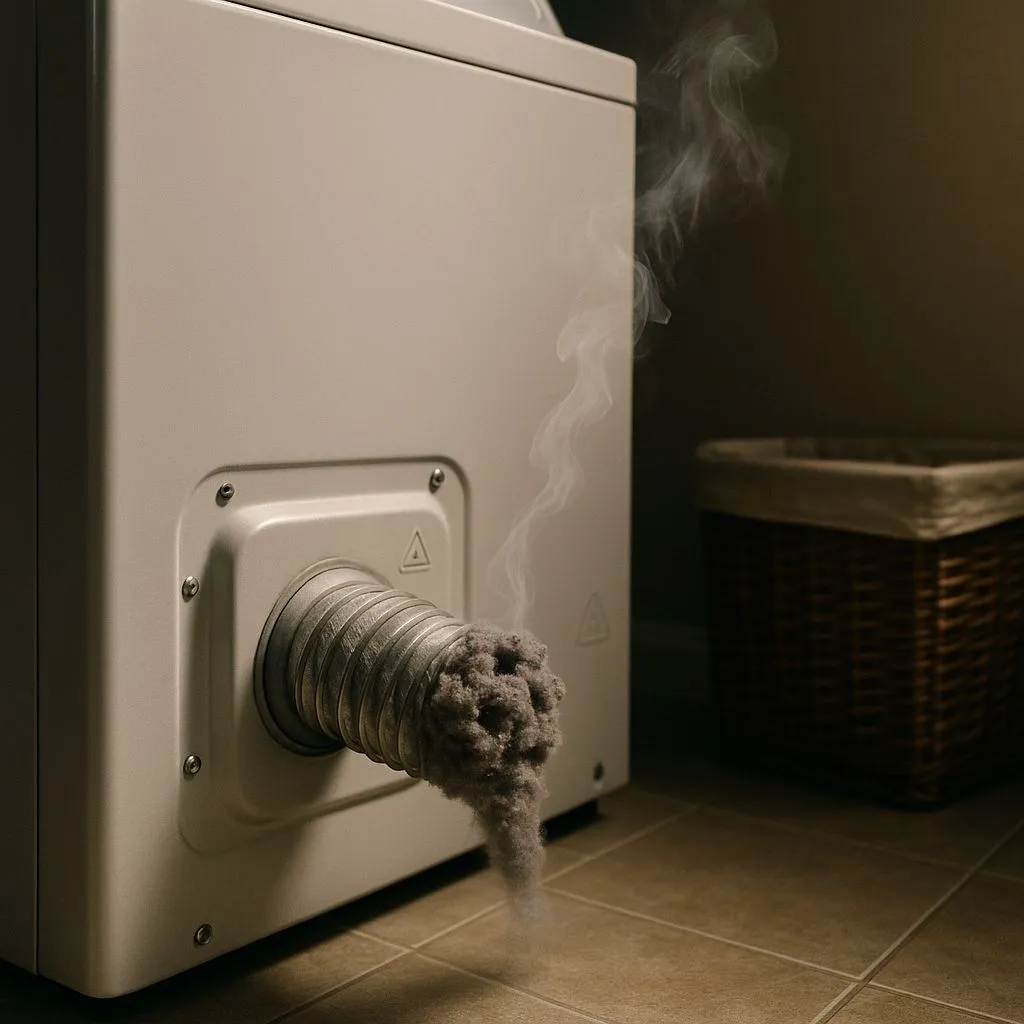 Clogged aluminum hose with lint and rising smoke from a laundry dryer—shows the danger of a blocked dryer vent in Alexandria VA.