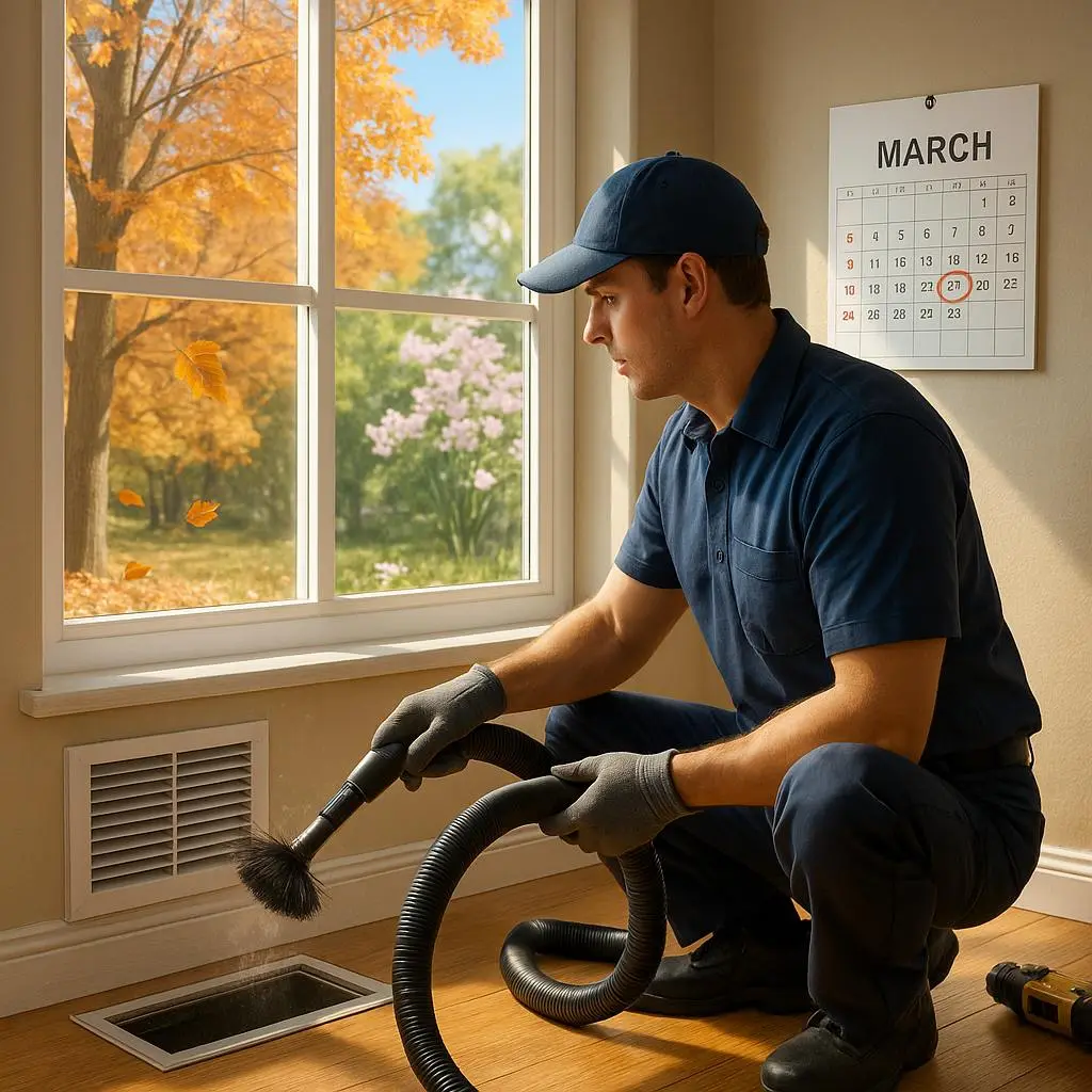 HVAC technician cleaning duct near window with March calendar – best time for duct cleaning in Alexandria VA