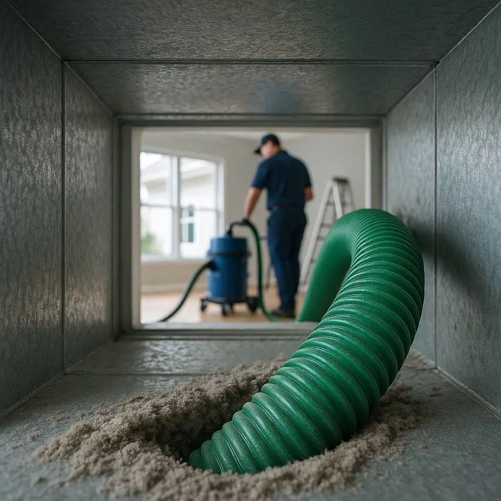 Professional duct cleaning in progress with vacuum hose inside air duct—Duct Cleaning Process in Alexandria VA
