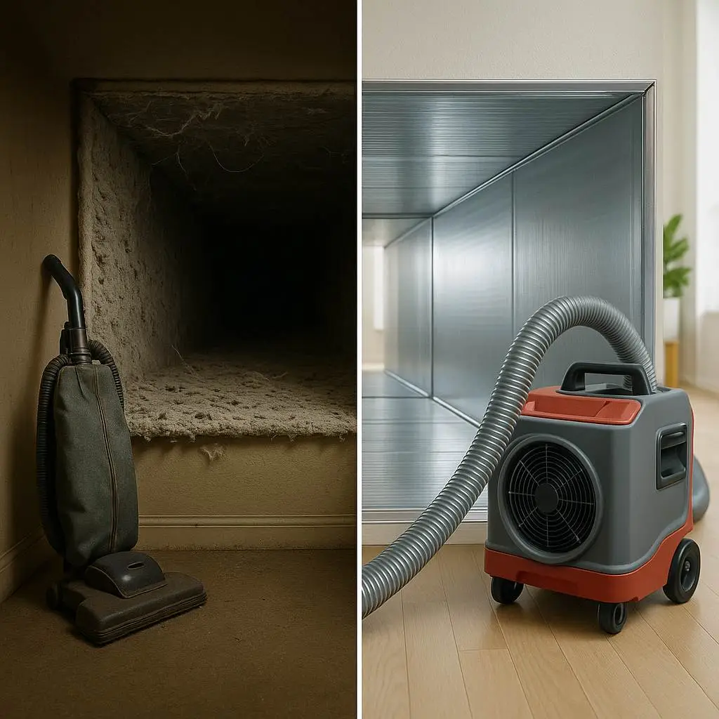 Before and after comparison of dirty and clean air ducts with cleaning equipment—duct cleaning cost in Alexandria VA