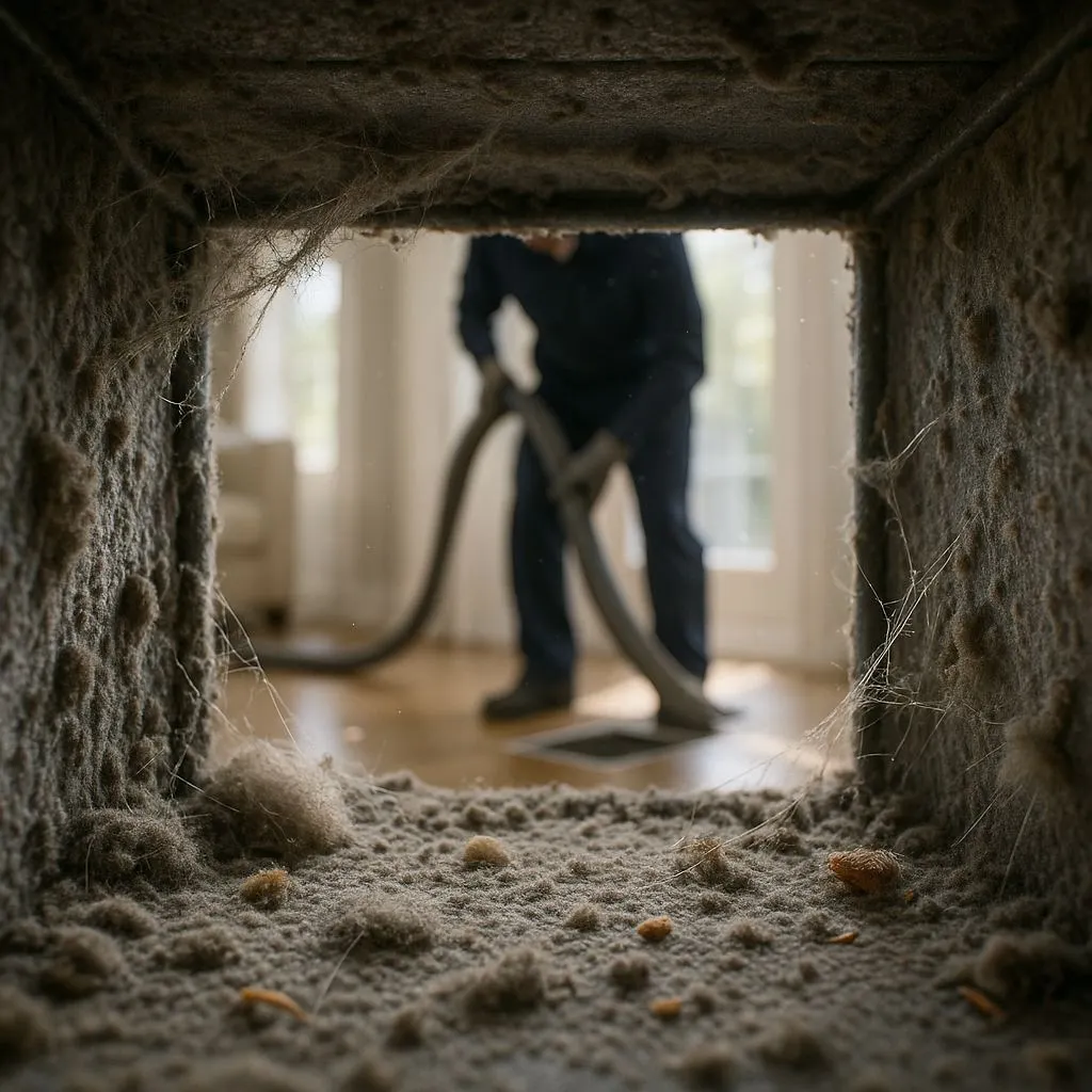 Dirty air duct interior filled with dust as technician cleans in background—How Often Duct Cleaning in Alexandria VA