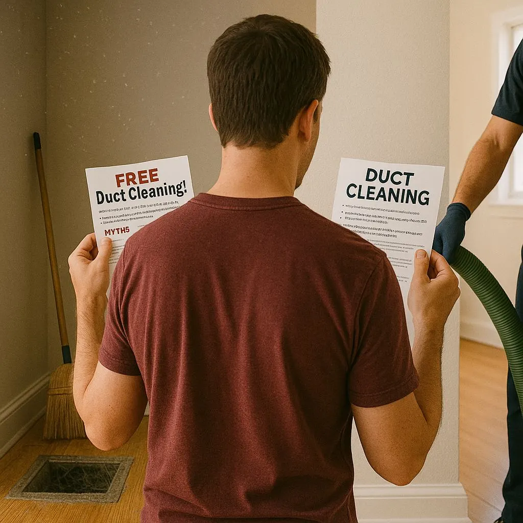 Homeowner comparing flyers about duct cleaning—highlighting common duct cleaning myths in Alexandria VA