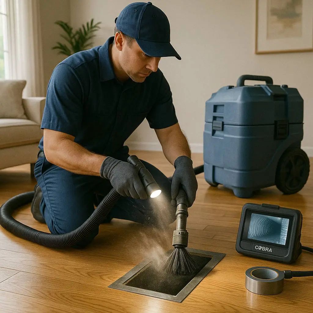 Technician deep cleaning air vent with inspection tools—Duct Cleaning vs Replacement in Alexandria VA