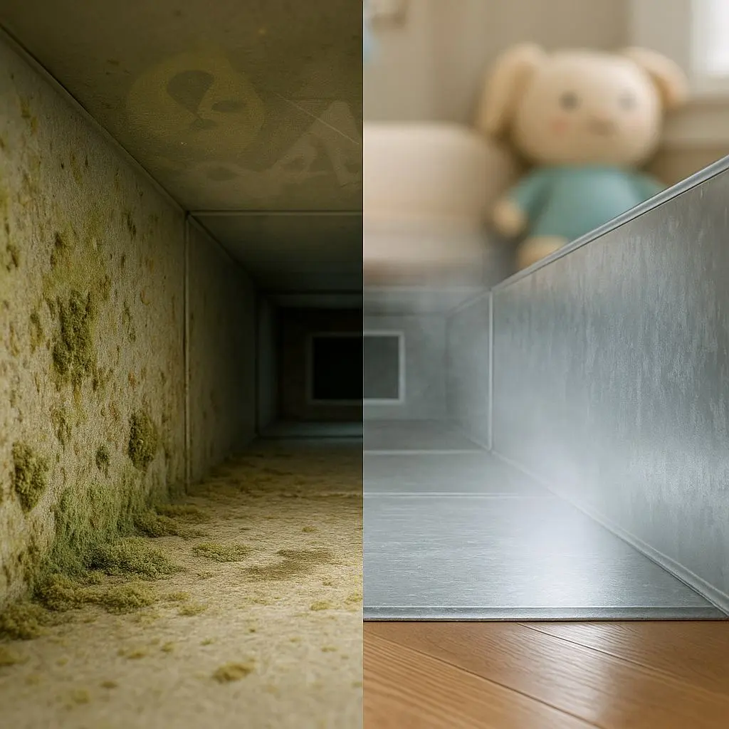 Before and after duct sanitizing in Alexandria VA showing dirty and clean air ducts