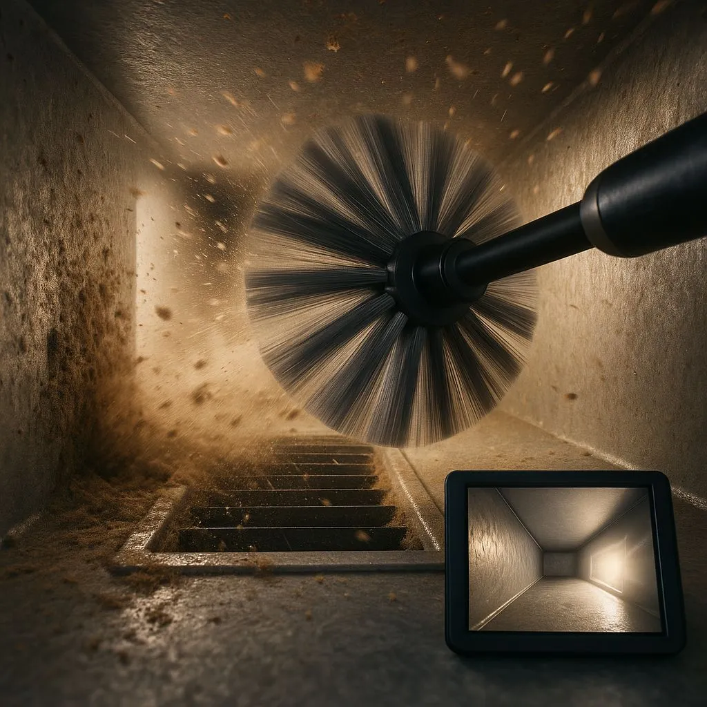 Rotary brush scrubbing the inside of an air duct, dislodging heavy dust particles, with a camera showing a clean result—demonstrating the effectiveness of brush cleaning in Alexandria VA.