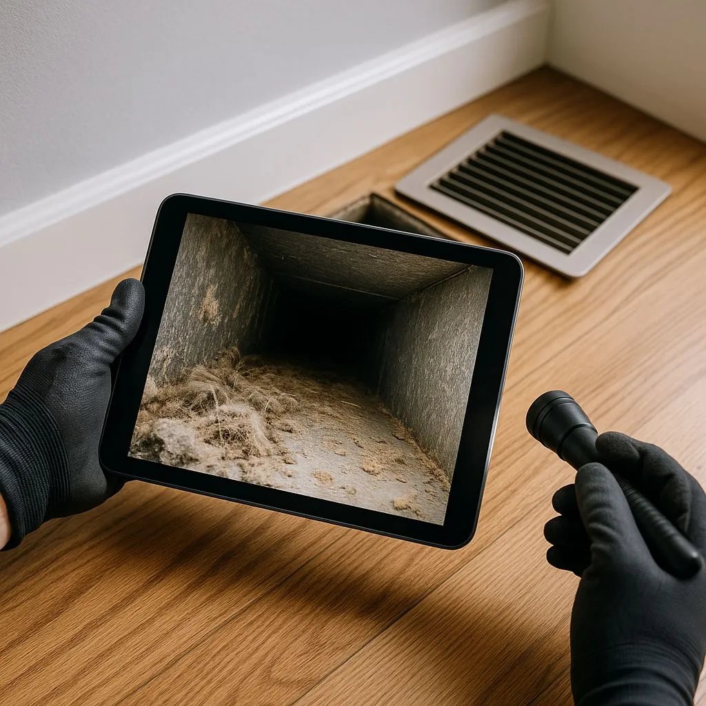 Tablet screen showing extreme dust buildup inside vents during a case study duct cleaning in Alexandria VA, captured with inspection tools before cleaning begins.