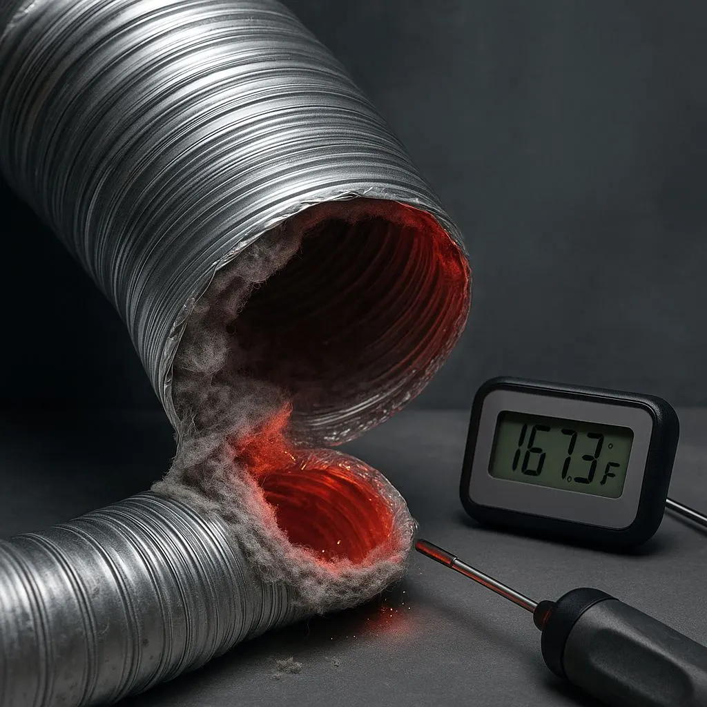 Overheated dryer vent duct with lint buildup glowing red at 167.3°F—shows the critical fire risk of a blocked dryer vent in Alexandria VA