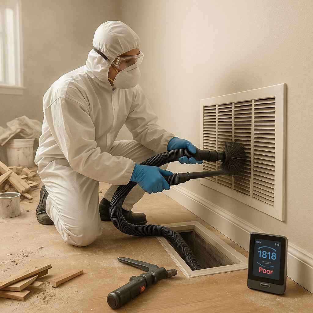 Technician in protective suit cleaning return vent during renovation – best time for duct cleaning in Alexandria VA