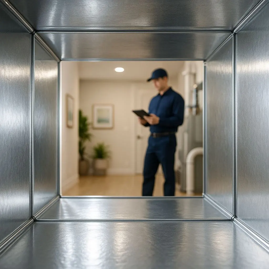 Clean interior of an air duct with a technician inspecting HVAC system in background—How Often Duct Cleaning in Alexandria VA