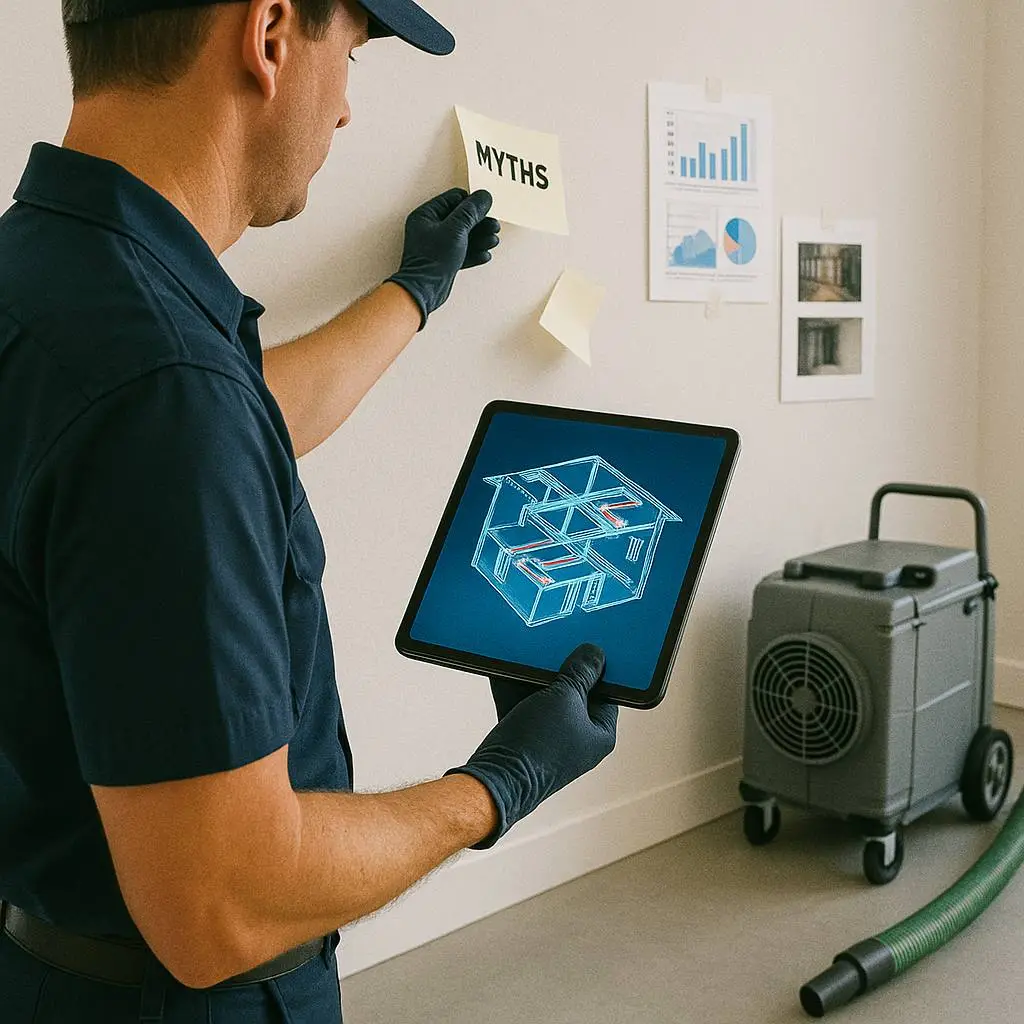 HVAC technician reviewing duct cleaning myths with a digital house diagram—Duct Cleaning Myths in Alexandria VA