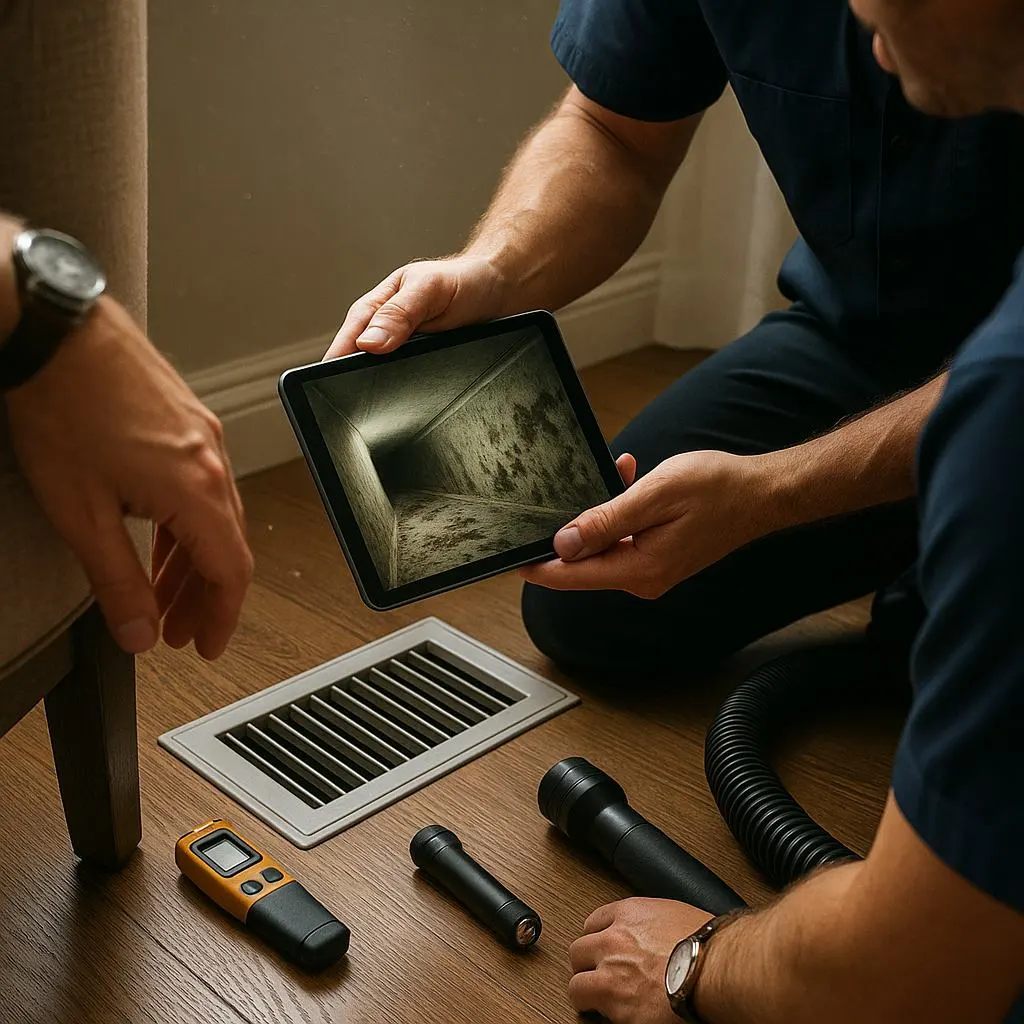 HVAC technician showing tablet image of mold in air duct—Mold in Air Ducts in Alexandria VA