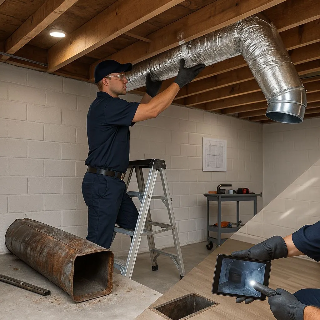Technician replacing rusted air duct with new insulated duct—Duct Cleaning vs Replacement in Alexandria VA