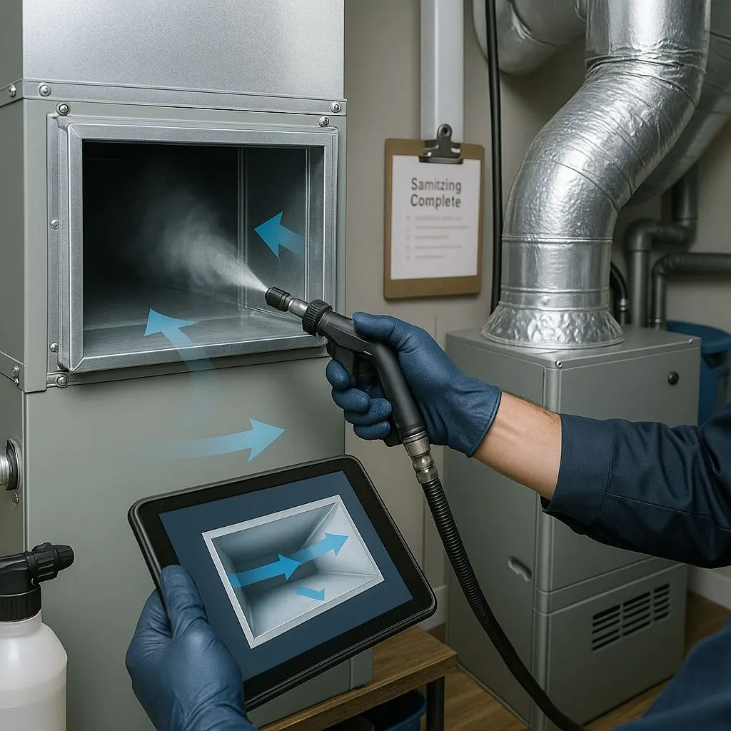 Technician performing duct sanitizing in Alexandria VA using commercial equipment
