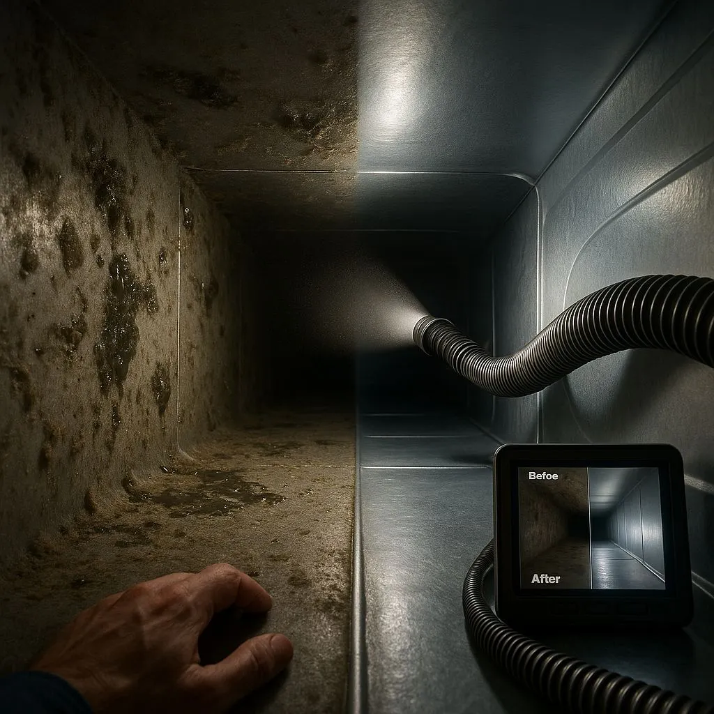 Split-view of a moldy and clean air duct interior, with a suction hose and before/after monitor—visual proof comparing negative air vs brush cleaning in Alexandria VA.