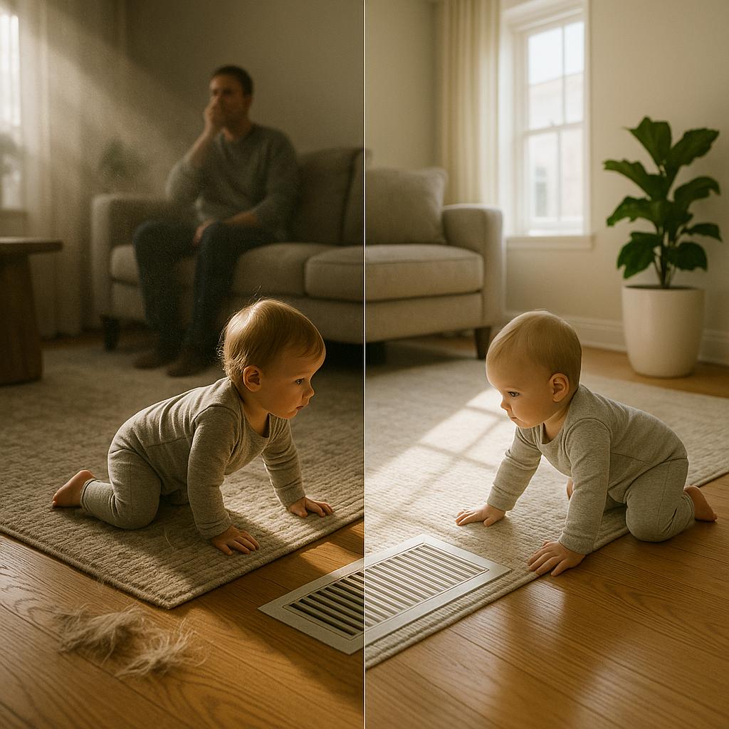 Baby crawling near a floor vent in a living room—illustrating the impact of duct cleaning cost in Alexandria VA