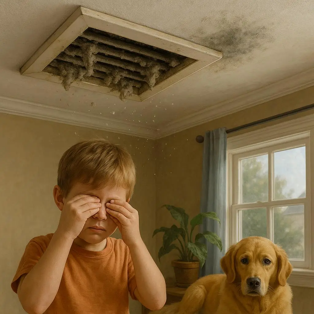 Child rubbing eyes beneath a filthy air duct vent, with dust falling and a dog nearby—highlighting the dangers of poor indoor air quality