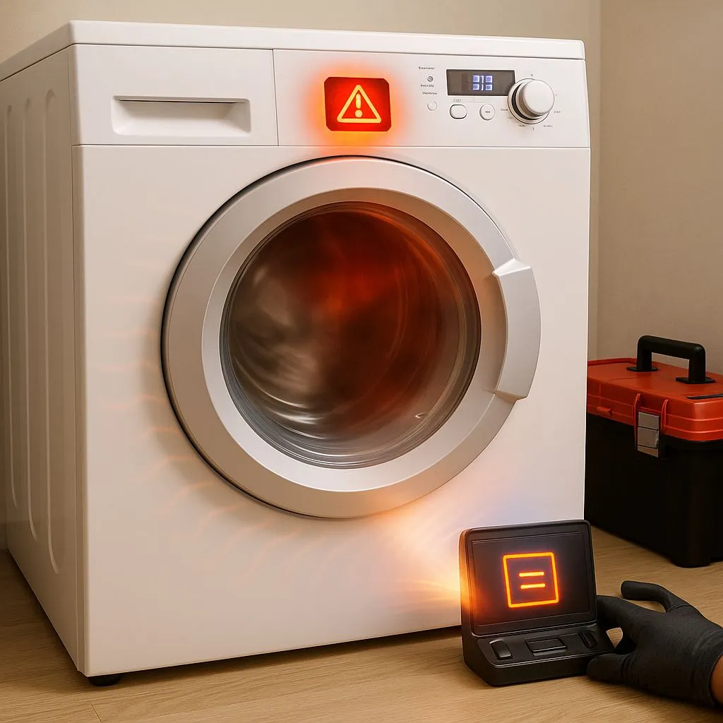 Dryer showing warning alert with overheating signal—visual sign of a blocked dryer vent in Alexandria VA causing appliance strain.