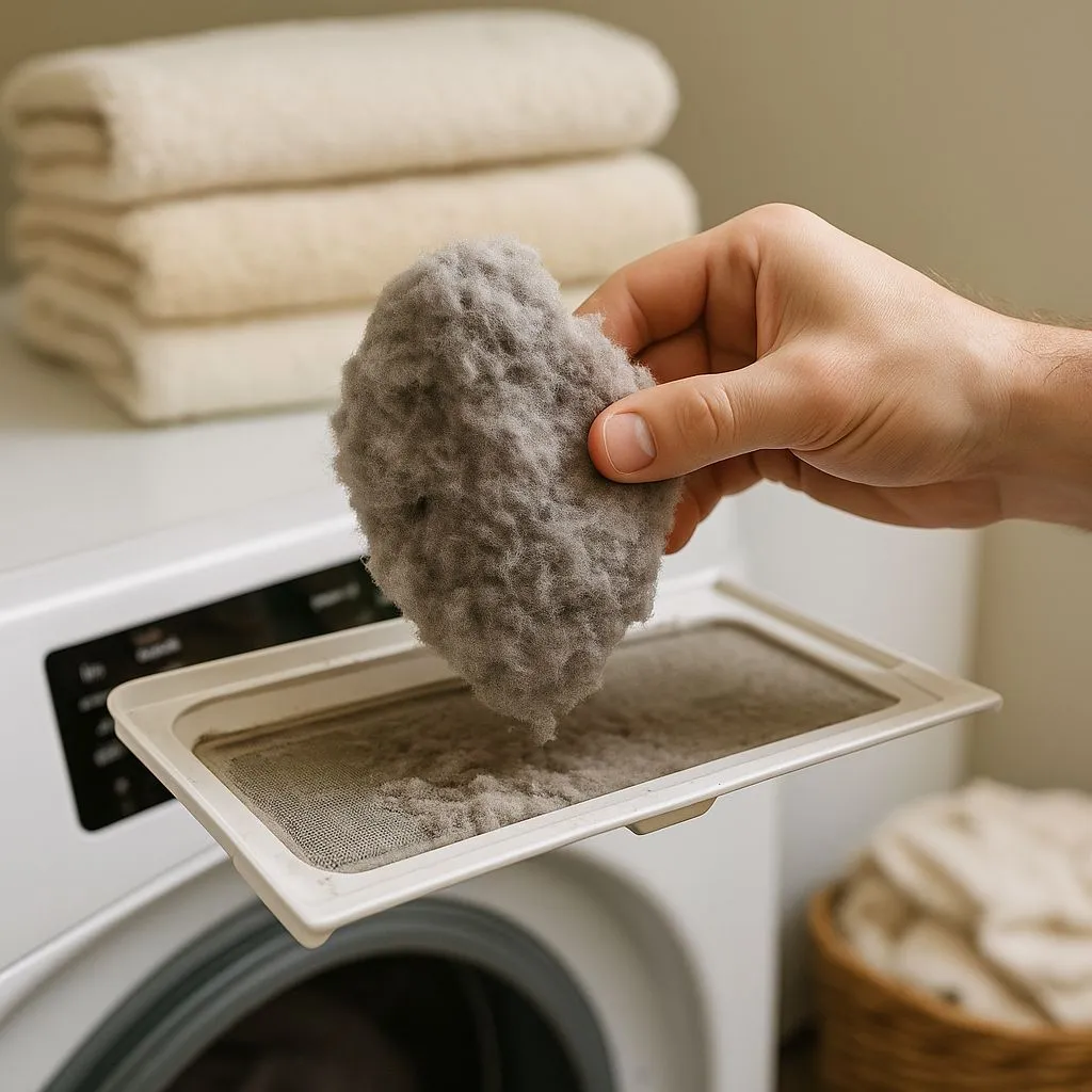 Hand removing lint from a dryer lint trap—one of the 5 must-know dryer vent safety tips in Alexandria VA to prevent fires and improve efficiency.