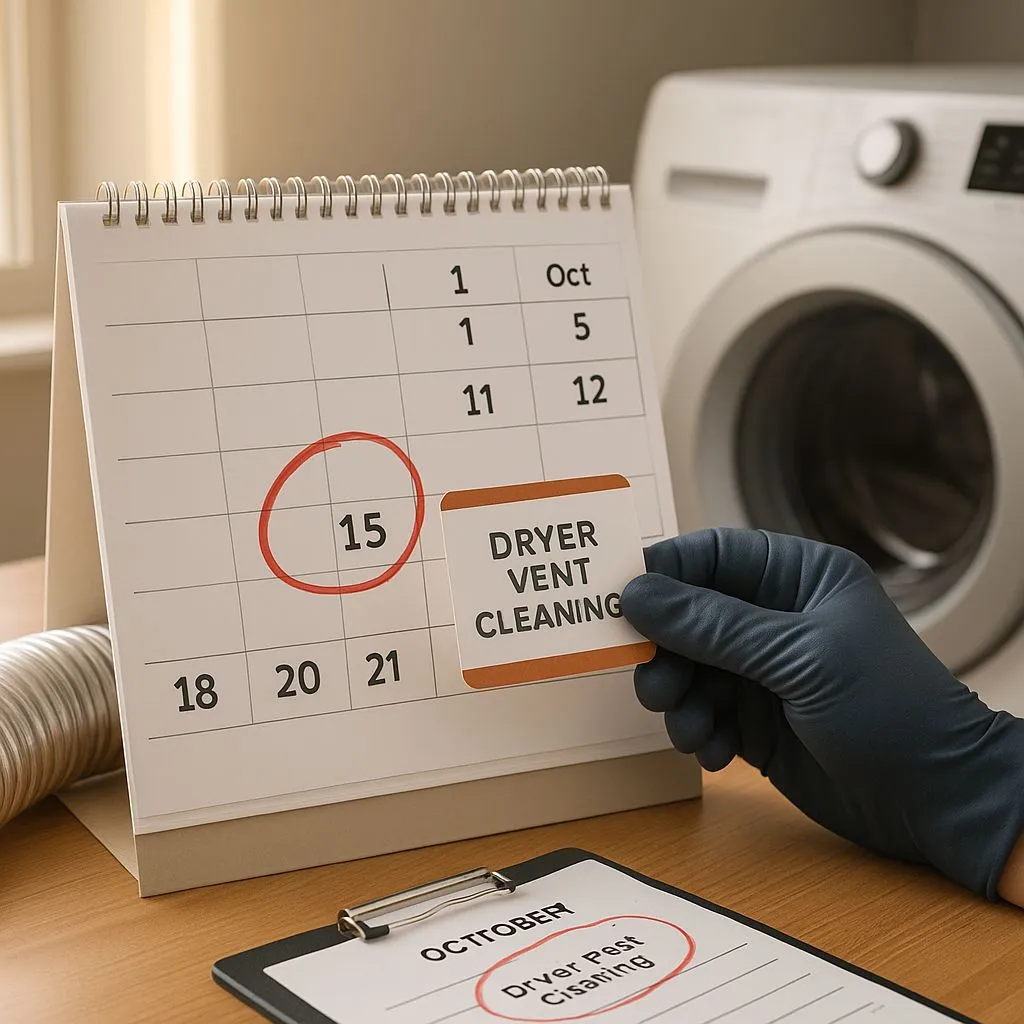 Gloved hand marking a calendar for October 15 with a dryer vent cleaning reminder—illustrating the best time dryer vent cleaning in Alexandria VA.