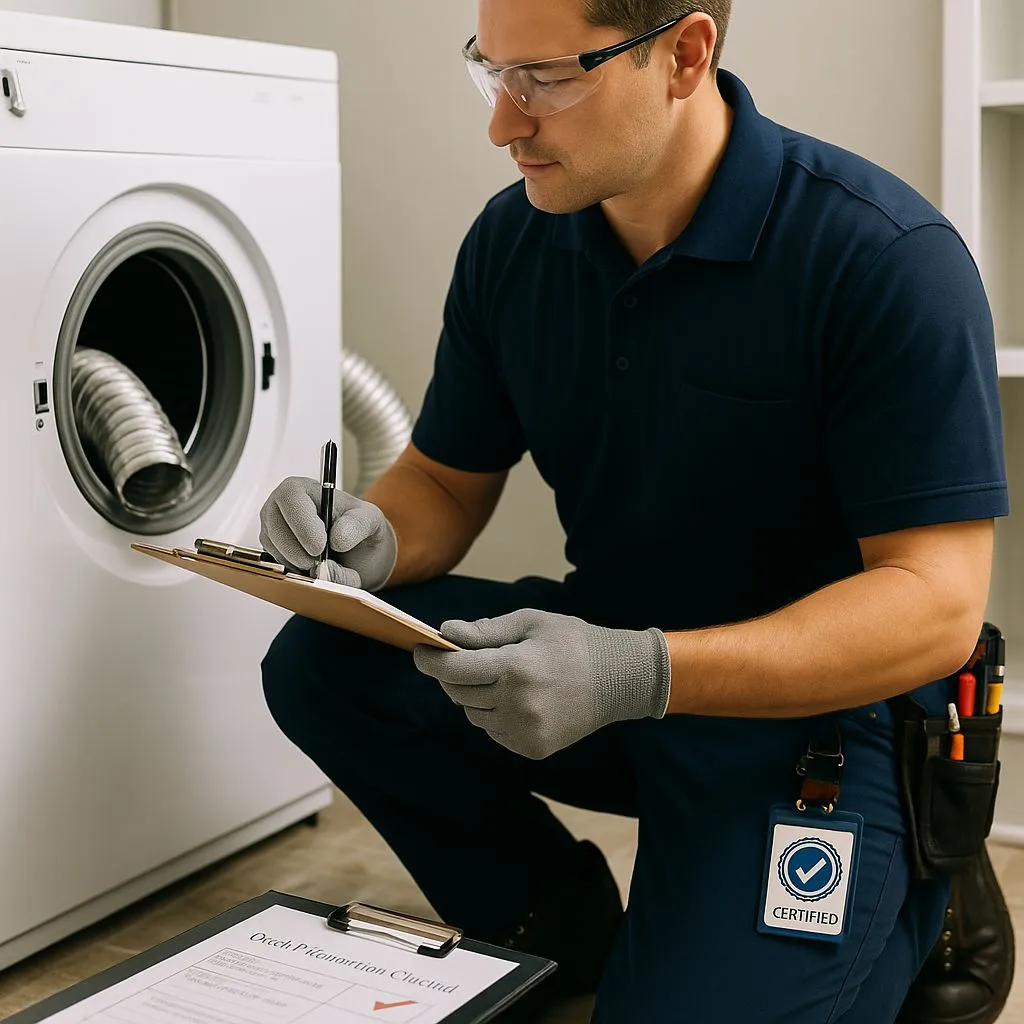 Certified technician filling out a service checklist next to a dryer—representing trusted dryer vent cleaning in Alexandria VA.