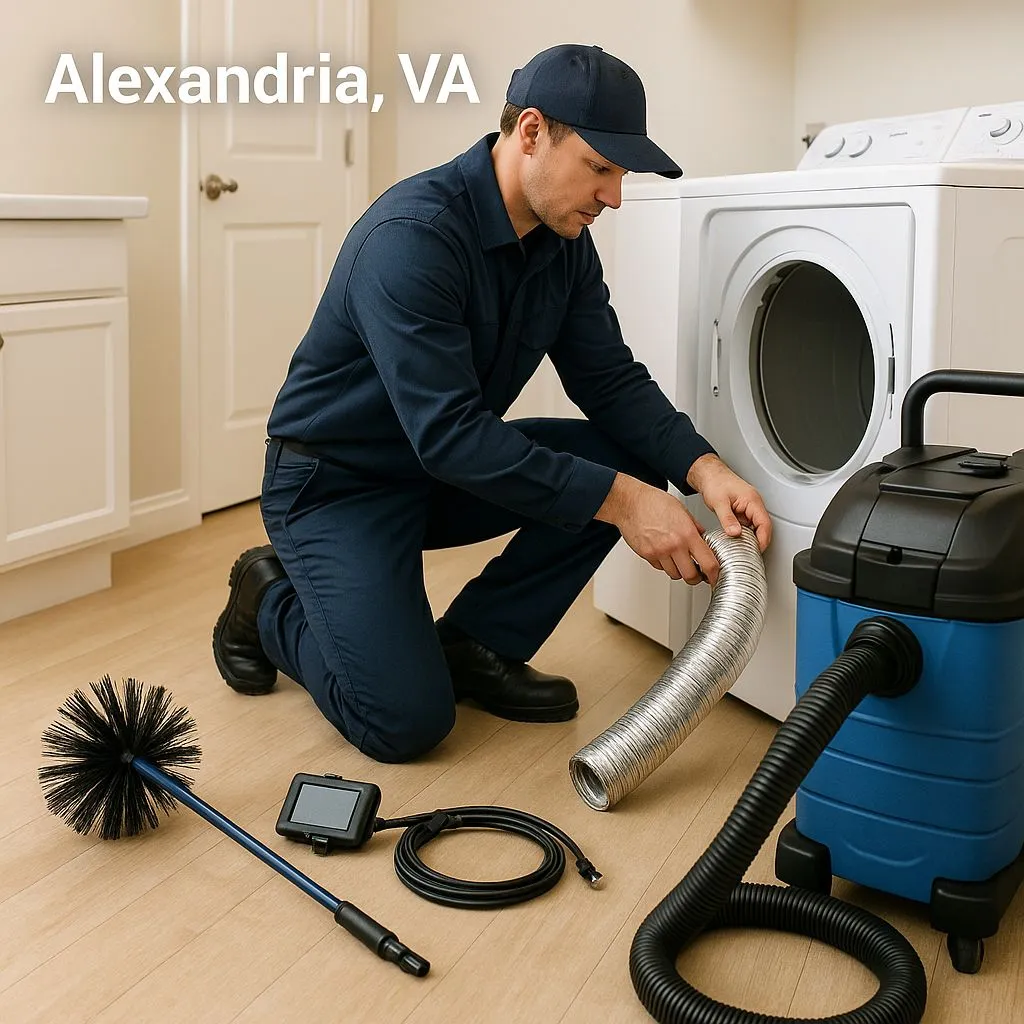 Technician preparing tools and inspecting vent hose during the dryer vent cleaning process in Alexandria VA.