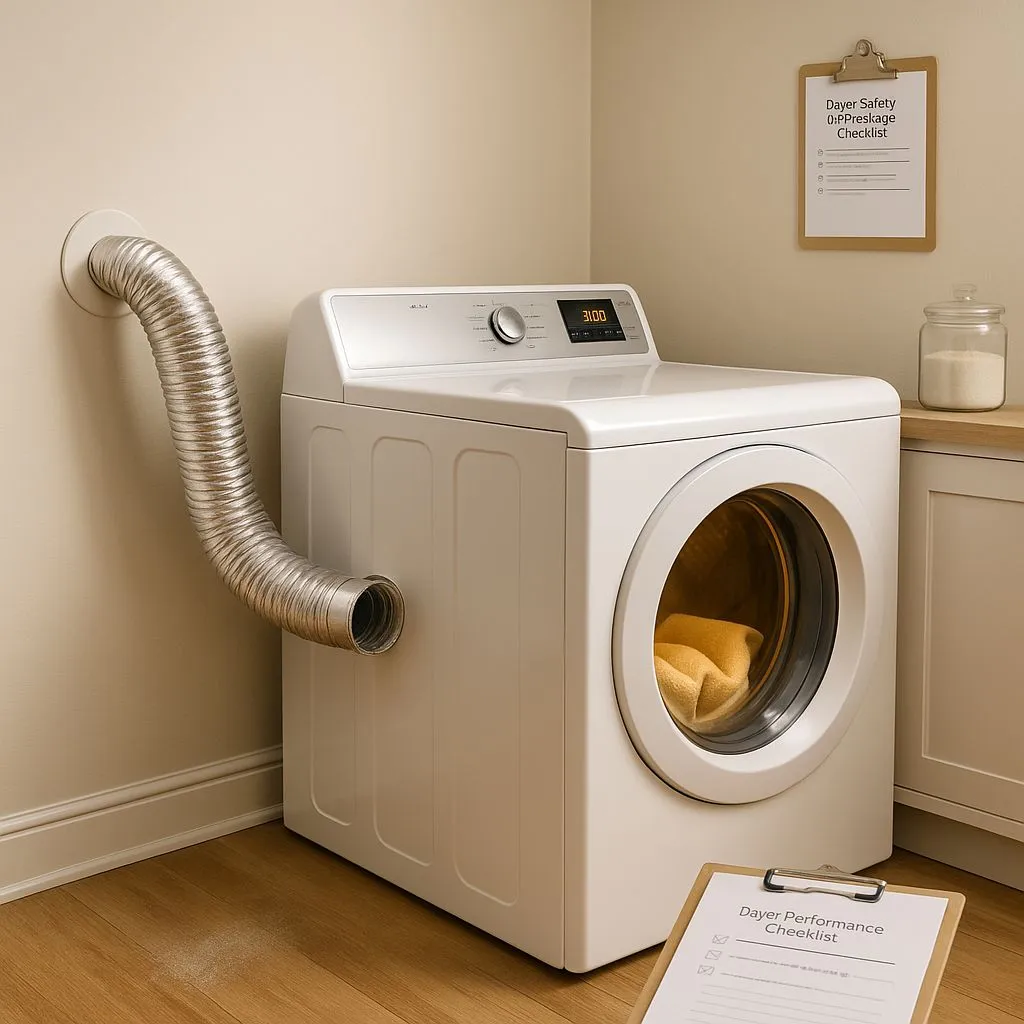 ✅ ALT Text Clean dryer setup with checklist and detached vent hose—illustrating the benefits of dryer vent cleaning in Alexandria VA for safety and efficiency.