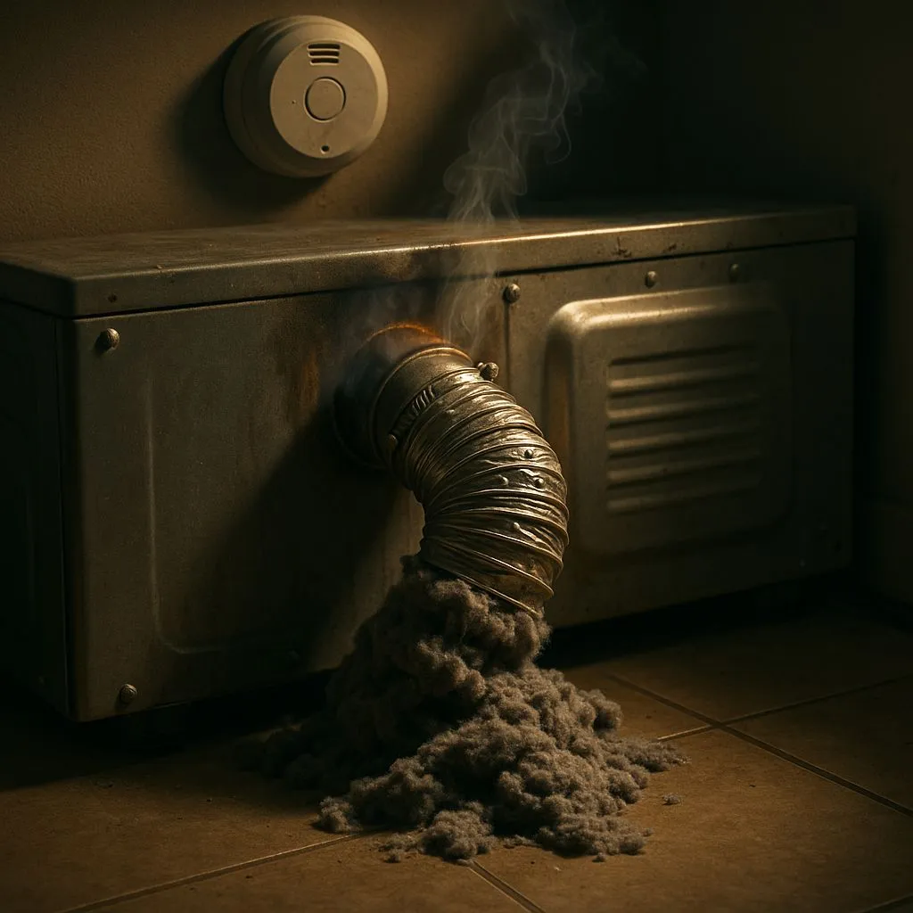 Clogged dryer vent with lint pile and smoke, showing why dryer vent cleaning is necessary in Alexandria VA to prevent fires.