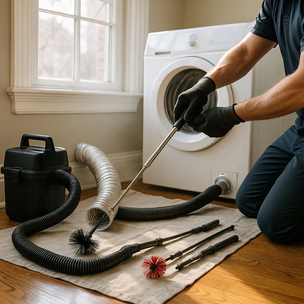 Case study dryer vent cleaning in Alexandria VA showing professional technician using rotary brush tools and vacuum system for thorough lint removal.