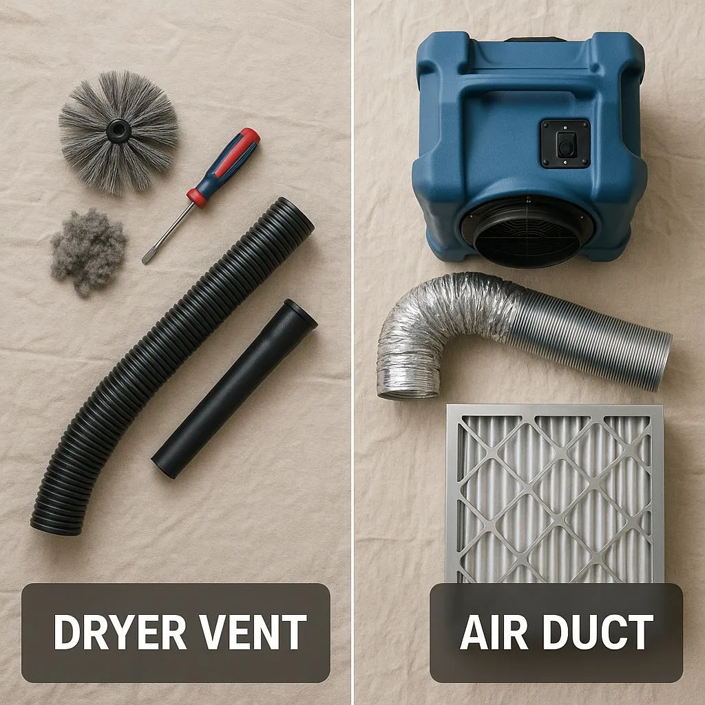 Dryer Vent vs Duct Cleaning in Alexandria VA showing a side-by-side layout of tools for dryer vent cleaning and air duct cleaning.