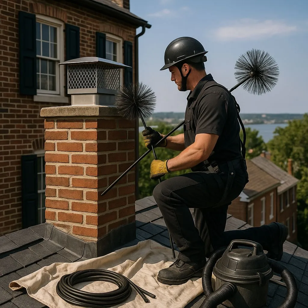 Chimney Sweep Cost in Alexandria VA showing professional sweep cleaning a brick chimney with specialized brushes on a rooftop.