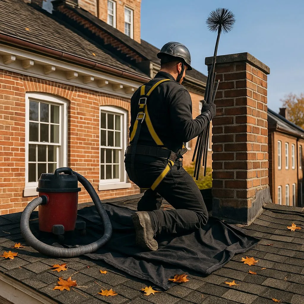 Chimney sweep process in Alexandria VA showing a certified technician on the roof with safety harness, chimney rods, and vacuum equipment.Chimney sweep process in Alexandria VA showing a certified technician on the roof with safety harness, chimney rods, and vacuum equipment.